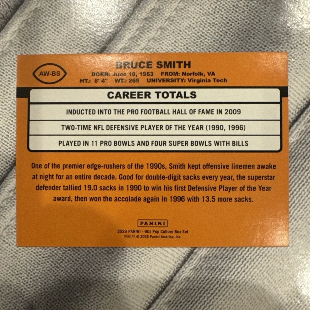 2026 Panini Donruss Decades 90s Bruce Smith Award Winners Buffalo Bills
